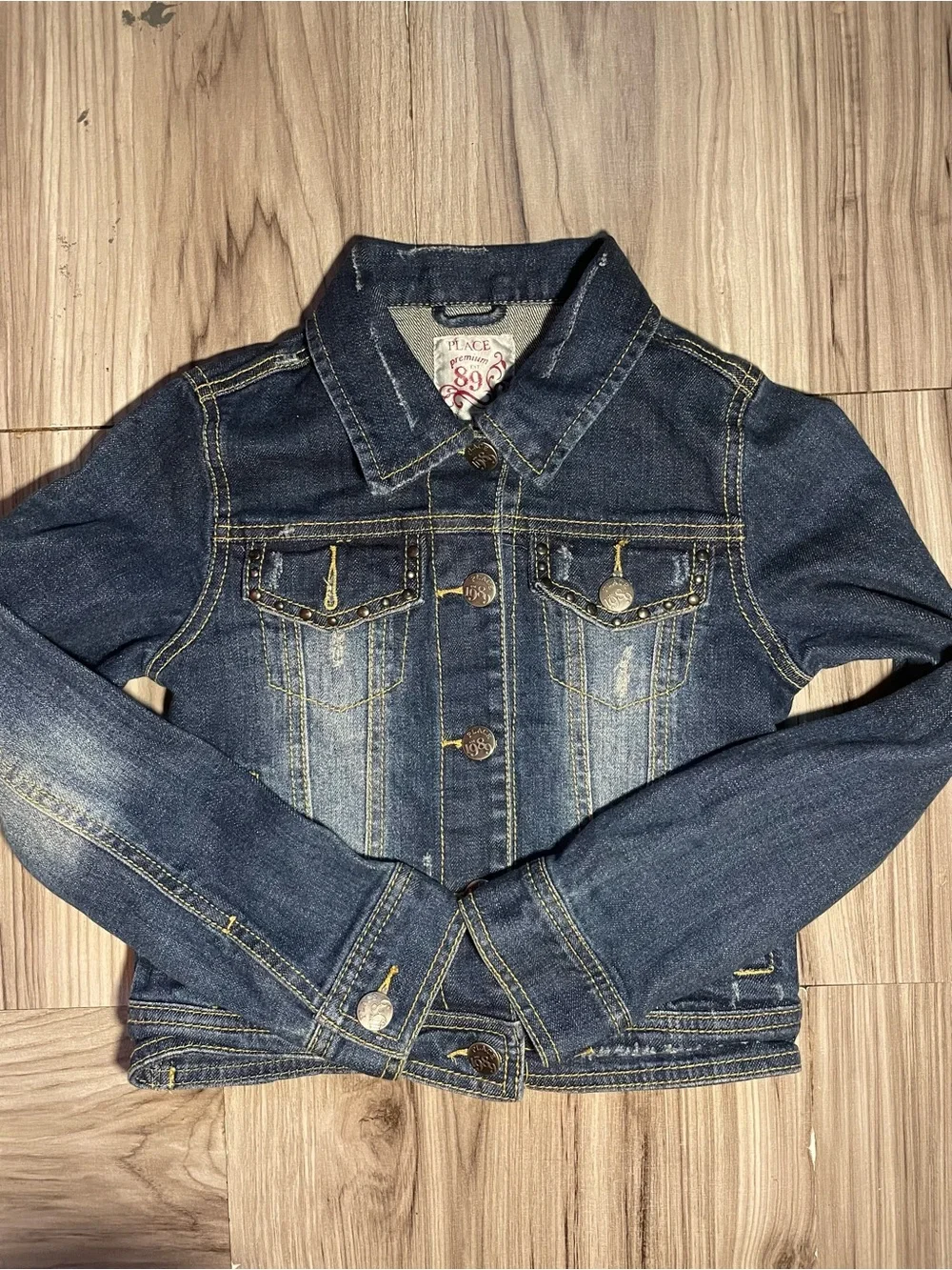 The Children’s Place Girls Distressed Denim Jacket Studded Pockets M 7/8